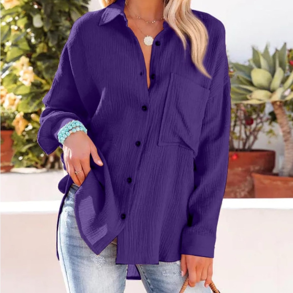 Oversized Purple Women's Gauze Button Down Top (XXL)